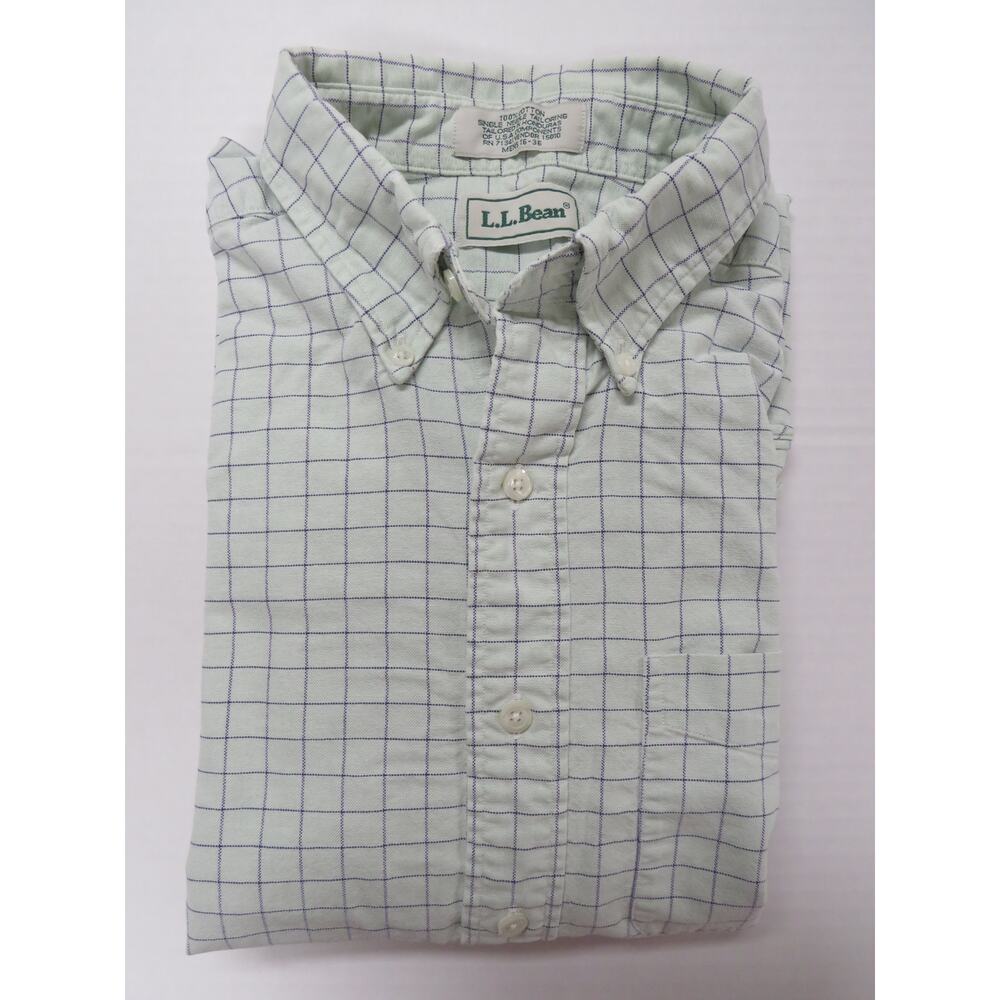 VTG LL Bean Men's 16-36 Button Down Shirt Long Sleeve Plaid Green Spring Outdoor